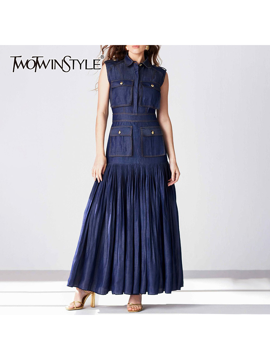 Linen Dress Wrap - TWOTWINSTYLE Patchwork Pockets Denim Dresses Lapel