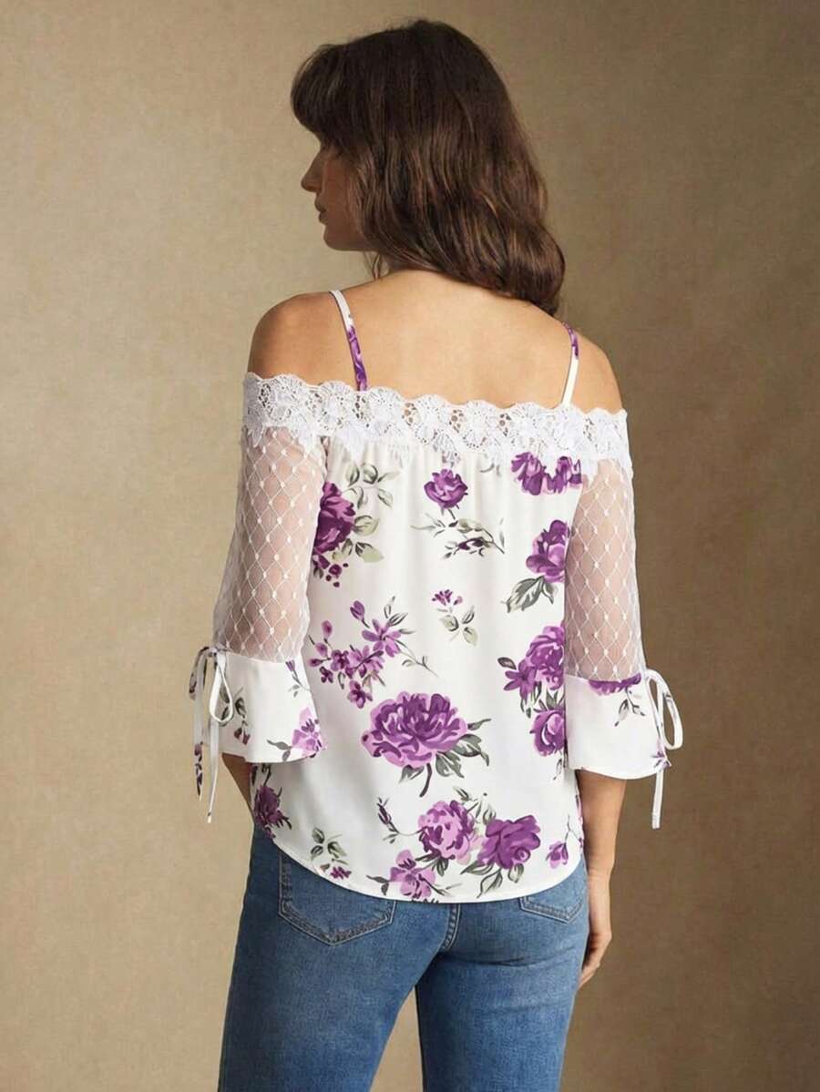 Blouse Off Shoulder - Purple Floral Print Off Shoulder Blouse