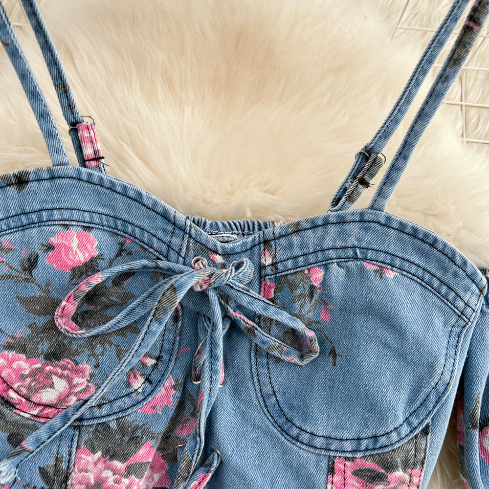 Fashion Floral Print Denim Ski - Romper Floral Print recensie en prijs