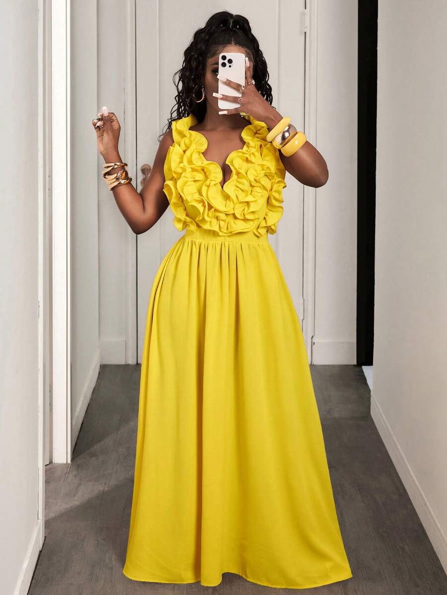 Yellow Deep V-Neck Ruffle Halt - Maxi Dress Halter recensie en prijs