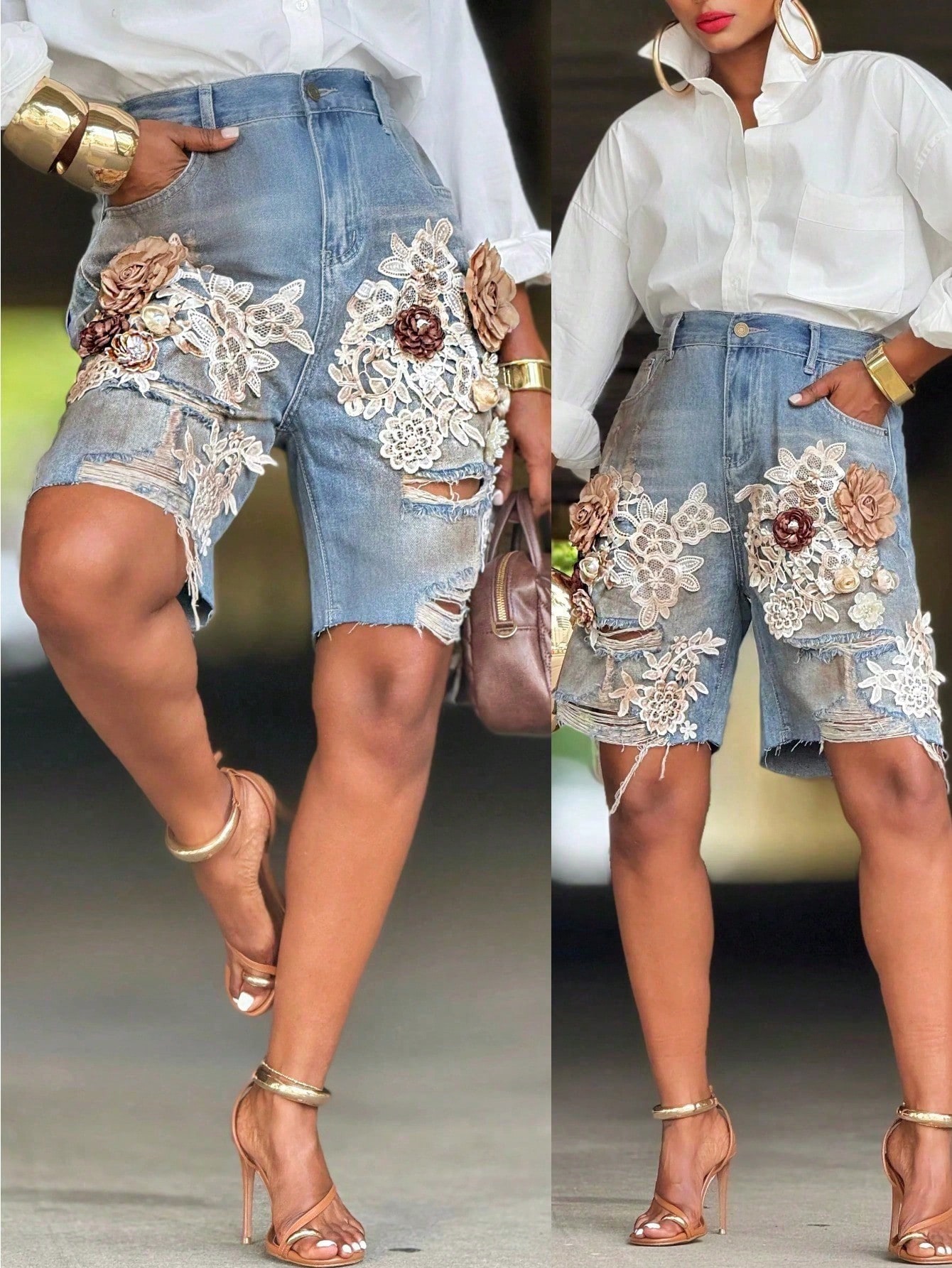 GLOURI Women 3D Floral Appliqu - Shorts Denim Frayed recensie en prijs