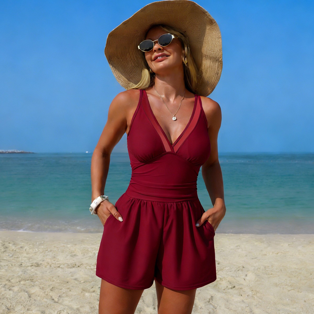 Black Solid Color Sleeveless V - Swimsuit Bikini Ruched recensie en prijs