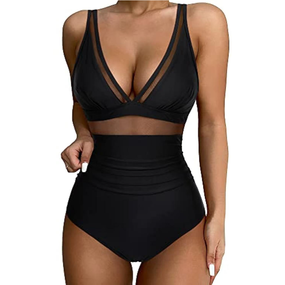 Women Deep V Mesh Cutout One P - Swimsuit Bikini Ruched recensie en prijs