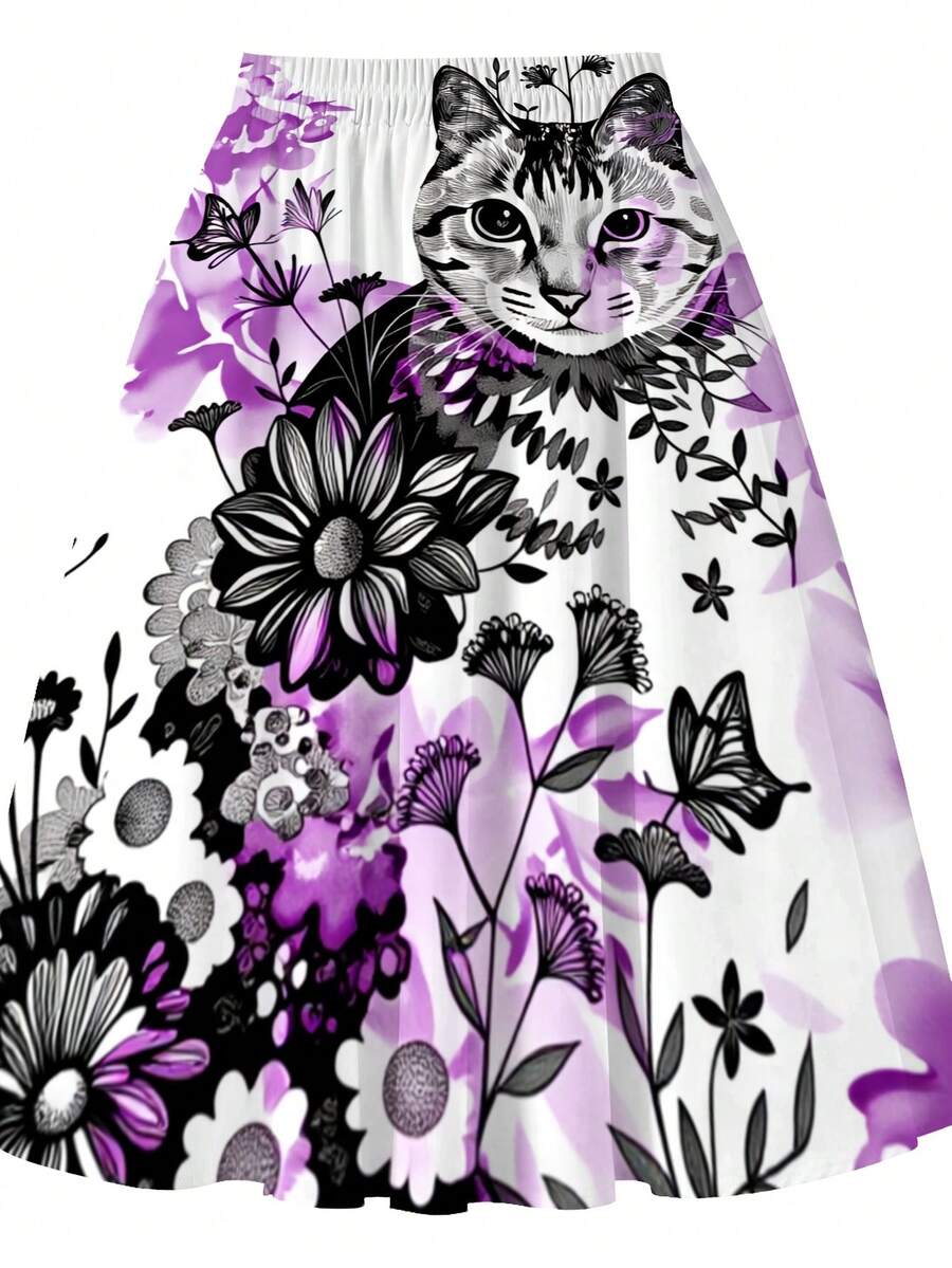 Oversized Floral Cat Print Mid - Midi Skirt Floral recensie en prijs
