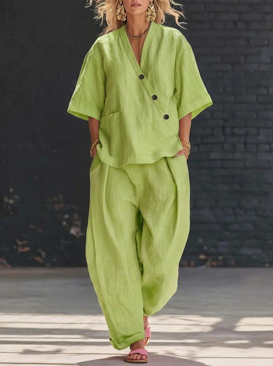 Women’s Two Piece Set Loose V  - Linen Pant Wide recensie en prijs