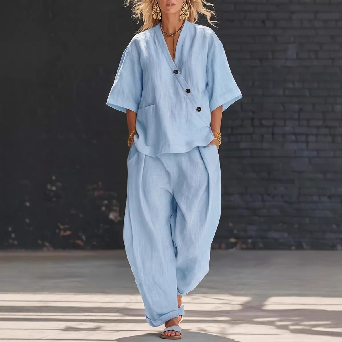 Women’s Two Piece Set Loose V  - Linen Pant Wide recensie en prijs